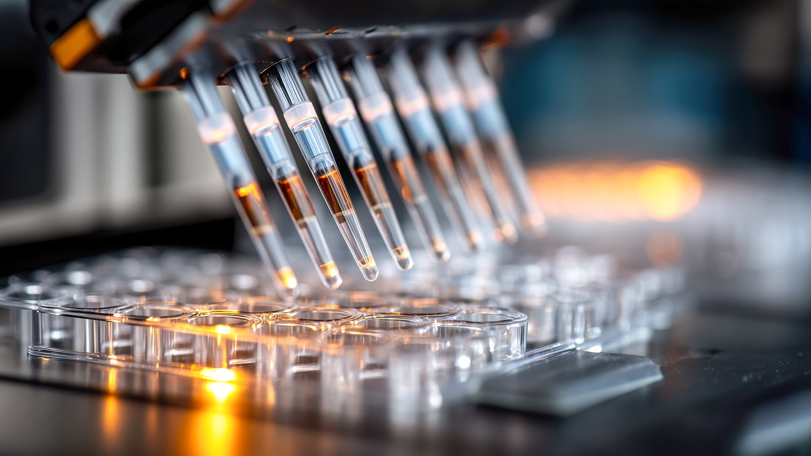 Automated laboratory equipment dispenses liquids into a multiwell plate for scientific research and analysis.