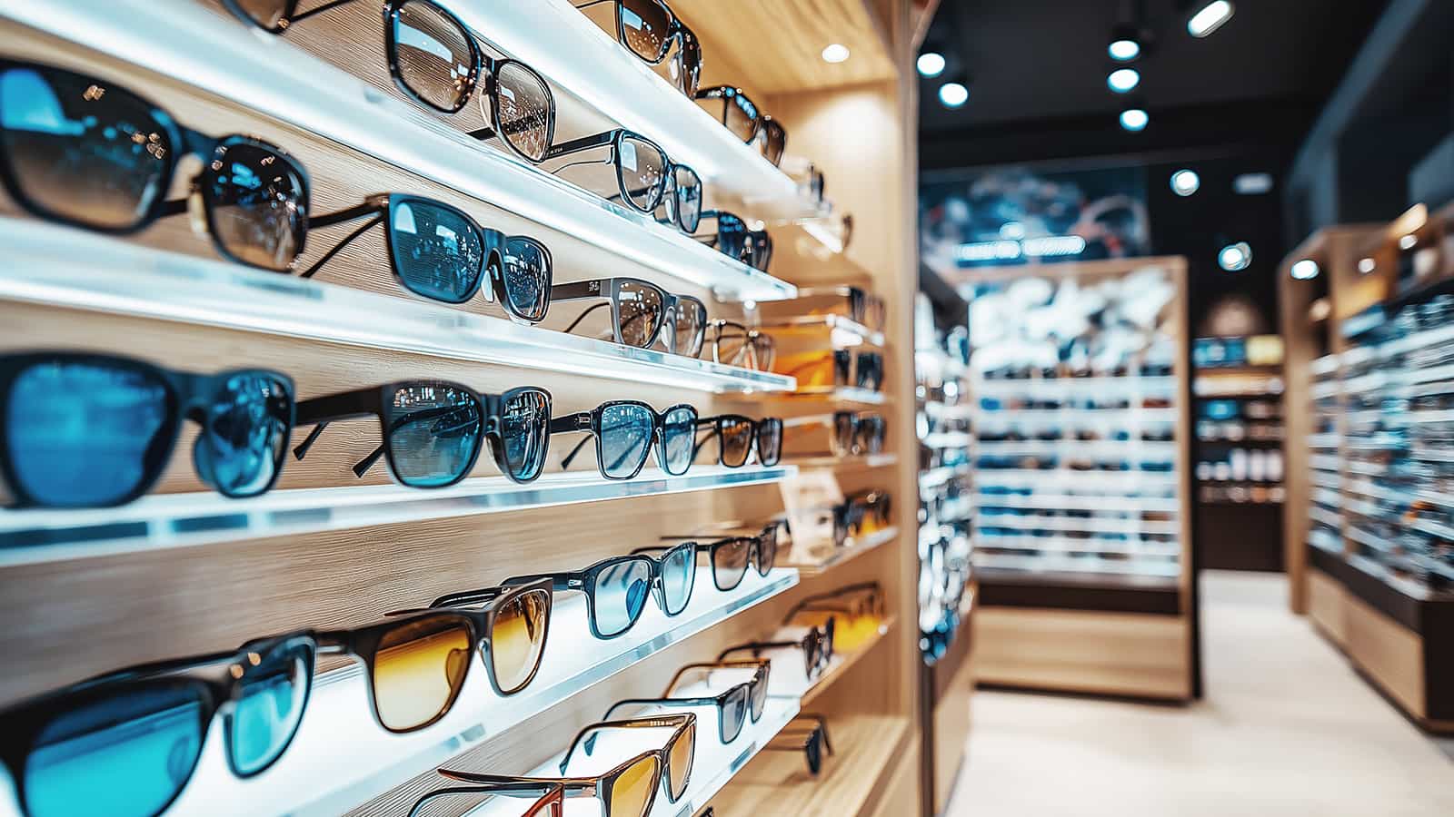 A stunning display of fashionable sunglasses showcased on glass shelves in an upscale eyewear retail store with various styles.