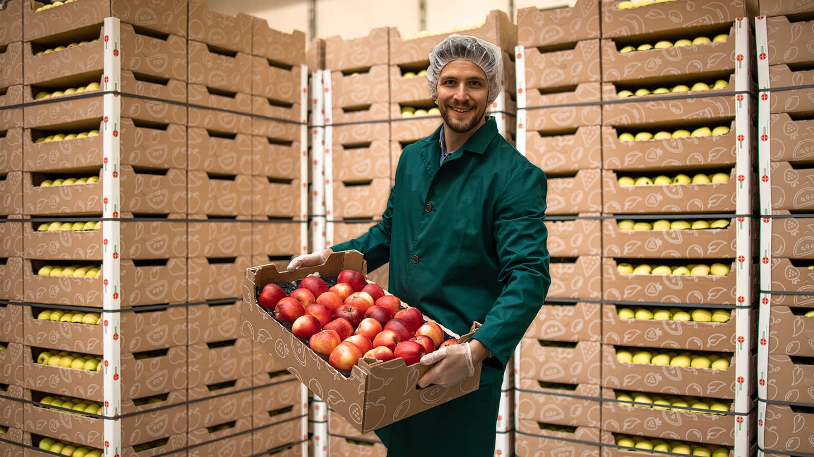 Portrait of worker holding crate full of red apples in organic food factory warehouse
