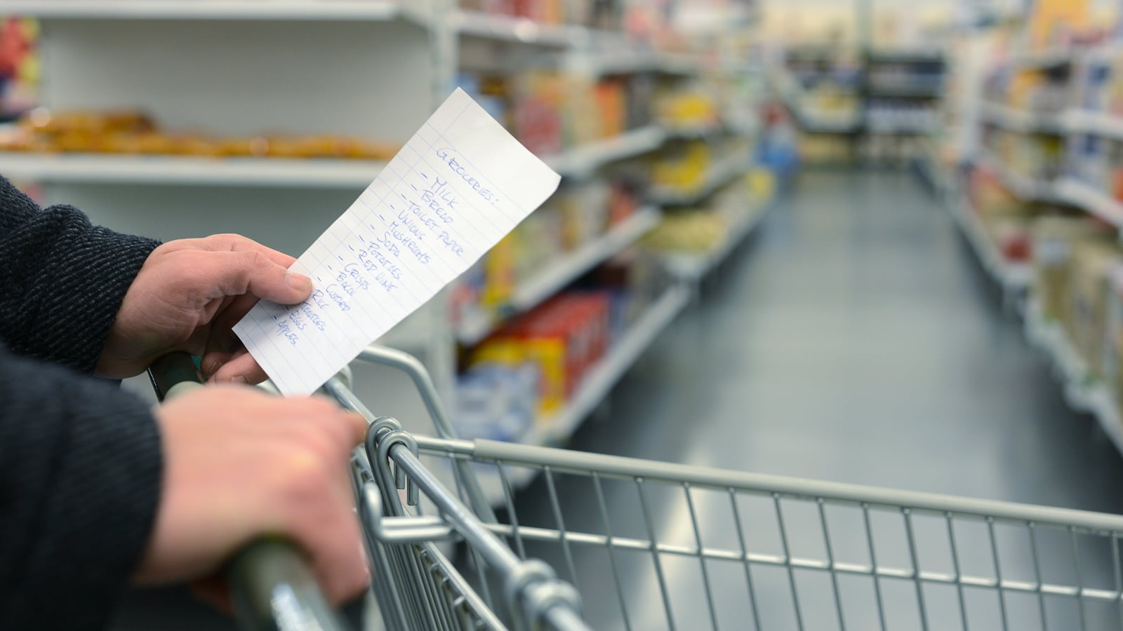 Hand pushing a shopping cart holding a groceries list